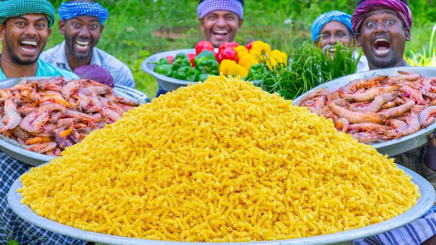 PASTA | Prawn Masala Pasta Recipe Cooking in Village | Spirali Pasta Recipe | Seafood Recipe