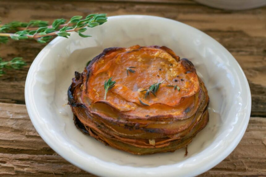 Maple and Thyme Potato, Beet, Sweet Potato Stacks [Vegan, Gluten-Free] – One Green Planet