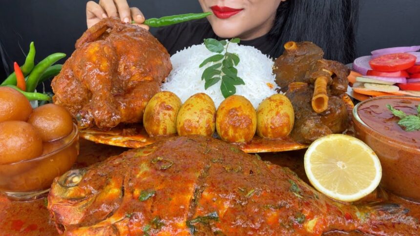 ASMR EATING SPICY MUTTON CURRY,FISH CURRY,CHICKEN CURRY,EGG CURRY,GULAB JAMUN