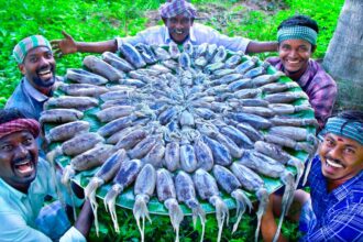 SQUID FISH FRY | Delicious Seafood Recipe Cooking and Eating in Village | Tawa Fried Calamari Recipe