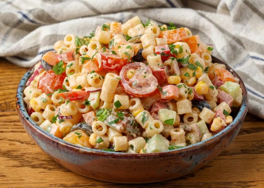 A horizontally aligned image showing a bowl of southwest pasta salad on a wooden tabletop.