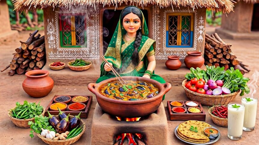 Miniature Doll Makes Smoky Baingan Bharta & Sweet Lassi | Indian Village Tiny Kitchen ASMR